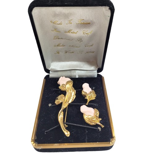 Avon Brooch Pin Earrings Set Pink Genuine Porcelain Rose Gold To - photo 2