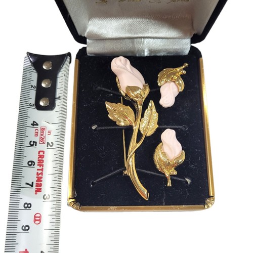 Avon Brooch Pin Earrings Set Pink Genuine Porcelain Rose Gold To - photo 5