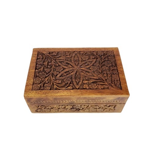 Vintage Hand Carved Wood Trinket Box Floral Design India 6"x4"