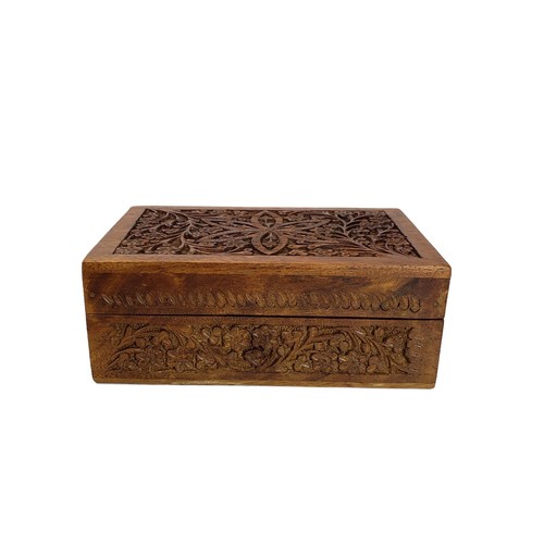 Vintage Hand Carved Wood Trinket Box Floral Design India 6"x4" - photo 2
