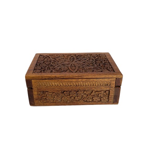 Vintage Hand Carved Wood Trinket Box Floral Design India 6"x4" - photo 3