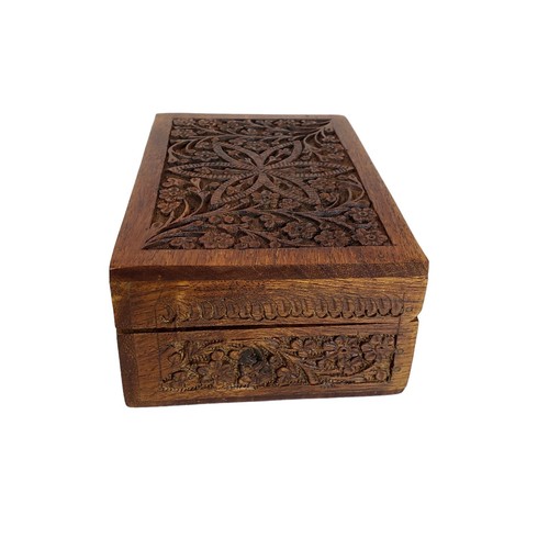 Vintage Hand Carved Wood Trinket Box Floral Design India 6"x4" - photo 4