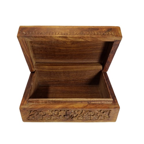 Vintage Hand Carved Wood Trinket Box Floral Design India 6"x4" - photo 5