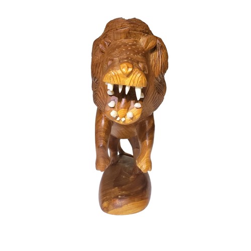 Hand Carved Teak Wood Lion Sculpture - Mid Century Modern