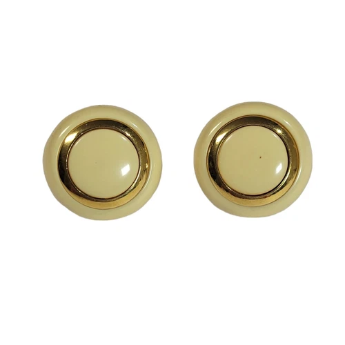 Vintage Trifary Round Clip On Earrings Beige Gold Tone