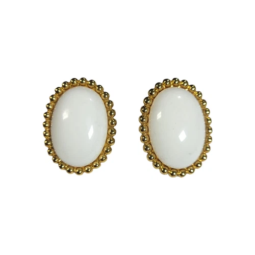Vintage Signed Monet White Oval Clip-On Earrings Gold Tone Bead