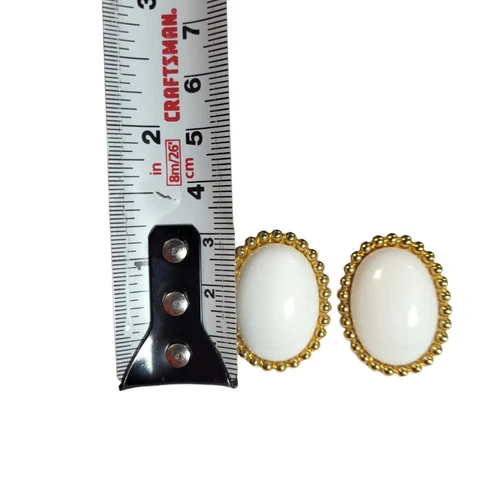 Vintage Signed Monet White Oval Clip-On Earrings Gold Tone Bead - photo 4