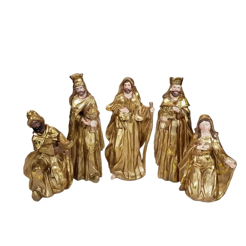 Vintage Ceramic Nativity Figures Gold Patina Christmas
