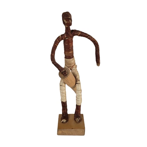 Vintage African Drumming Man Figure - Handmade Wood & Reed