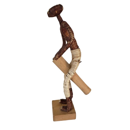 Vintage African Drumming Man Figure - Handmade Wood & Reed - photo 2