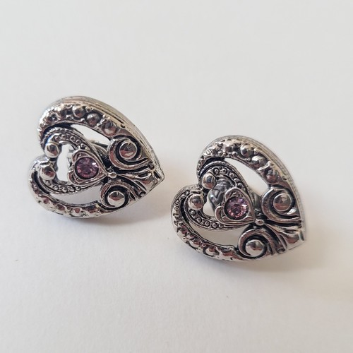 AVON Silver Tone Victorian Marcasite Heart Pink Rhinestone Clip