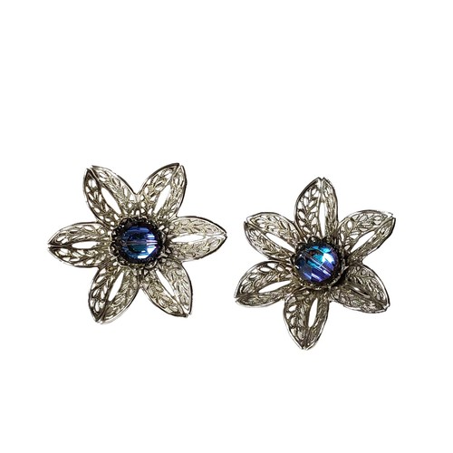 Vintage Celebrity NY Large Flowers Clip on Earrings Silver Tone
