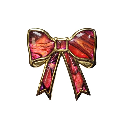 Vintage HTF Estate Pink Bow Brooch Pin Signed gold tone