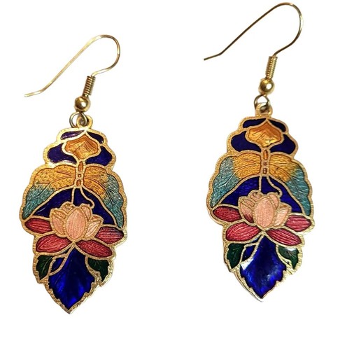 Vintage Cloisonne Enamel Flower Floral Pierced Hook Earrings