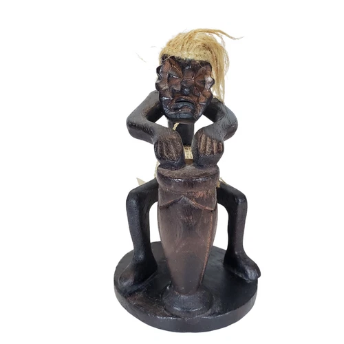 Wooden Drumming Man Tiki Tribal Figurine - Hand Carved