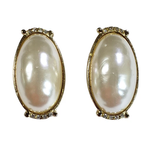 Vintage Bulky Clip On Earrings Pearl? Gold Tone