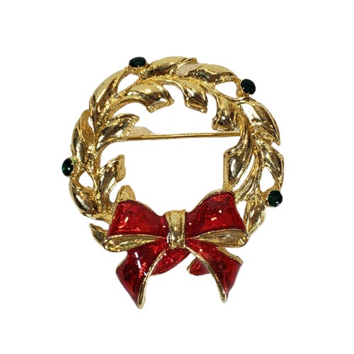 Vintage Gold Tone Christmas Wreath Brooch Pin