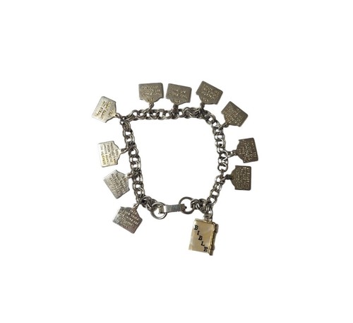 VINTAGE 10 COMMANDMENTS CHARM BRACELET MOTHER OF PEARL BIBLE