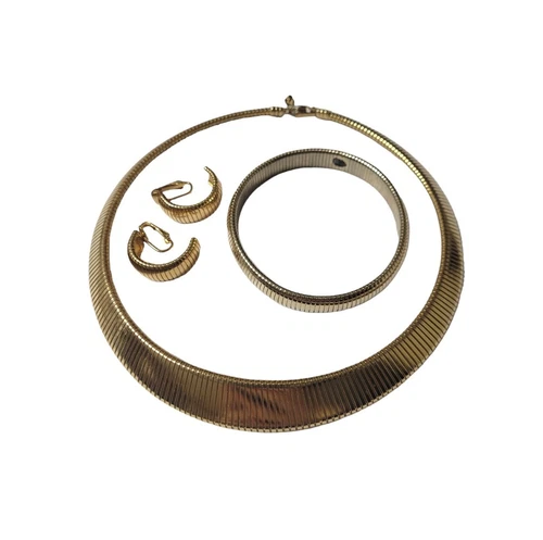 Vintage Park Lane Gold Tone Ribbed Hoops Necklace Bracelet & Cli