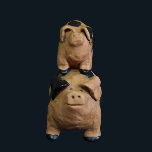 Vintage Pig Mom and Piglet Clay Pottery Figurine