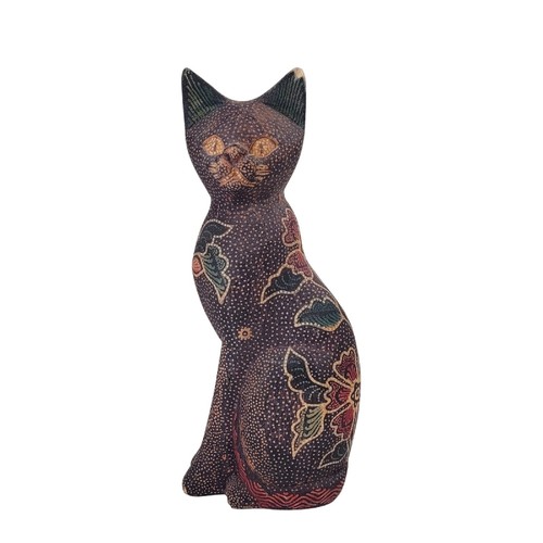 Vintage Folk Art Carved Wood CAT Hand Painted Pointillism Floral