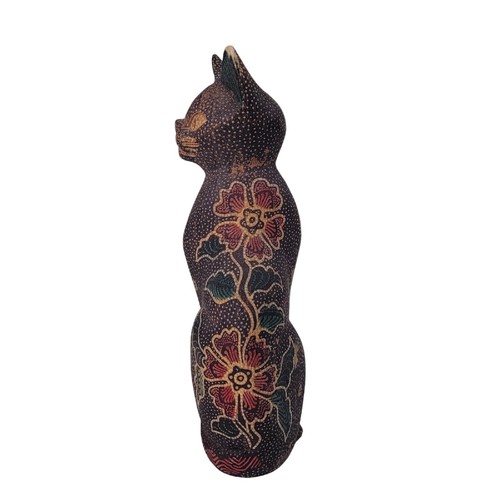 Vintage Folk Art Carved Wood CAT Hand Painted Pointillism Floral - photo 2