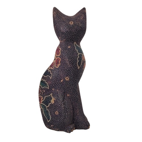 Vintage Folk Art Carved Wood CAT Hand Painted Pointillism Floral - photo 3