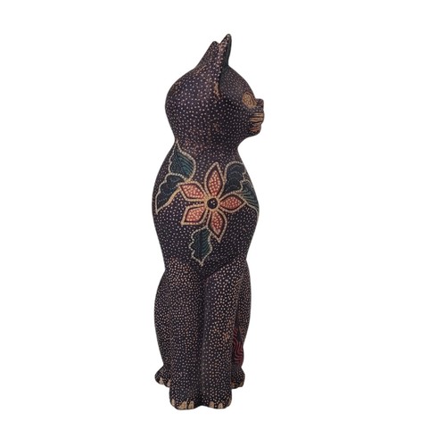 Vintage Folk Art Carved Wood CAT Hand Painted Pointillism Floral - photo 4