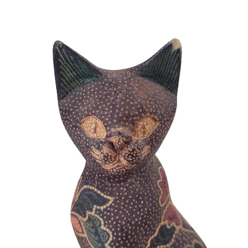 Vintage Folk Art Carved Wood CAT Hand Painted Pointillism Floral - photo 5
