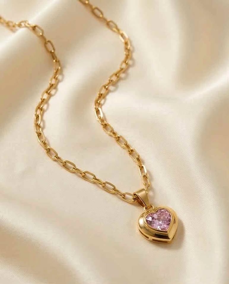 18K Gold-Plated Stainless Steel Heart Zircon Necklace (Pink)
