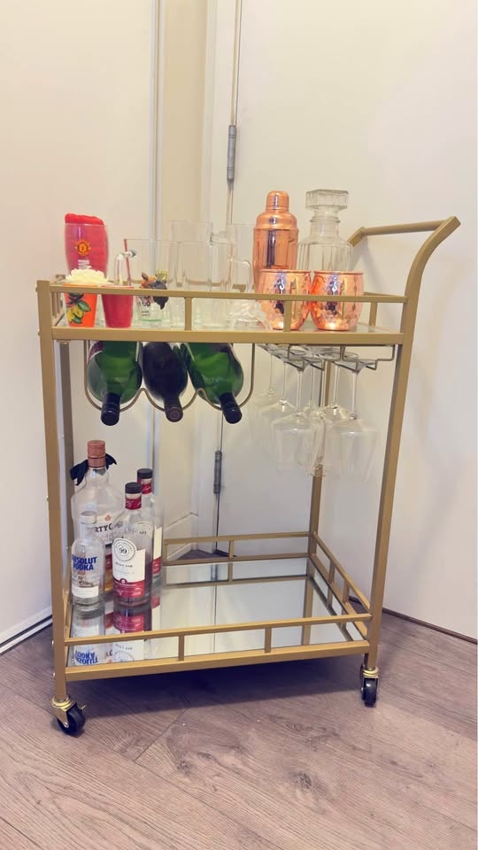 Bar Cart Gold, Home Bar Serving Cart, Wine Cart w/ 2 Mirrored Sh