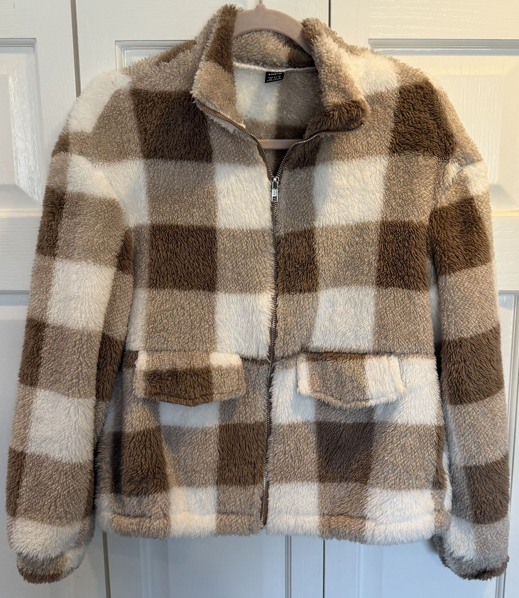 Women's XS Plush Brown & Plaid Fleece Jacket