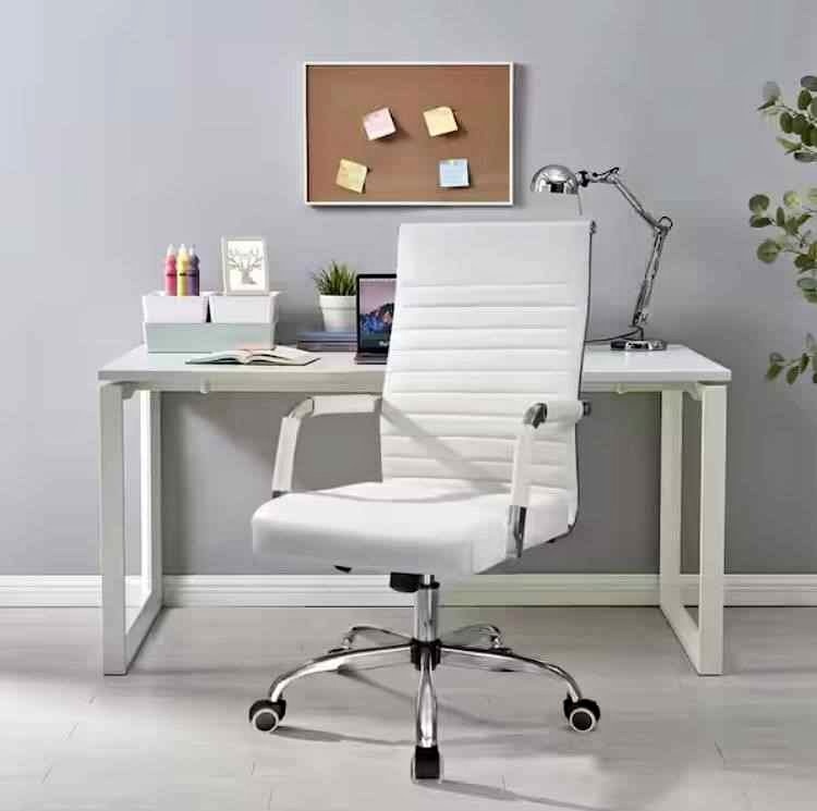 White Ribbed PU Leather Office Chair - Mid-Back