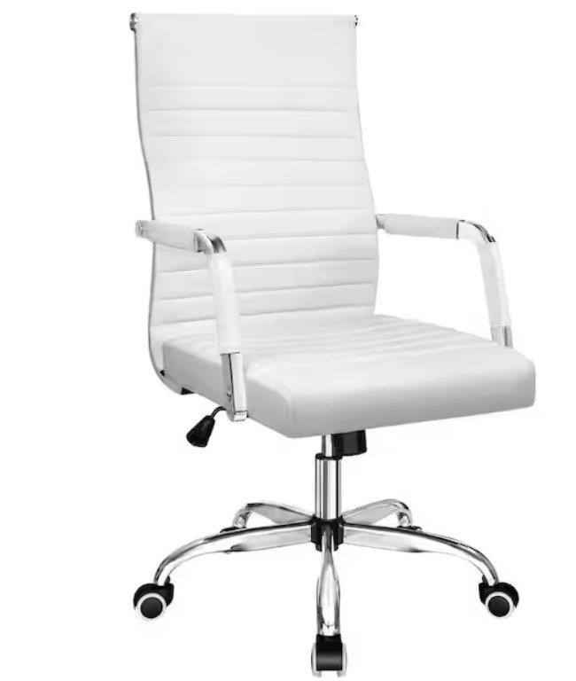 White Ribbed PU Leather Office Chair - Mid-Back - photo 3