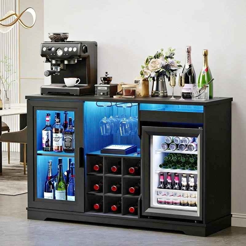 Wine Bar Cabinet with Fridge, Liquor Cabinet with LED Lights & R
