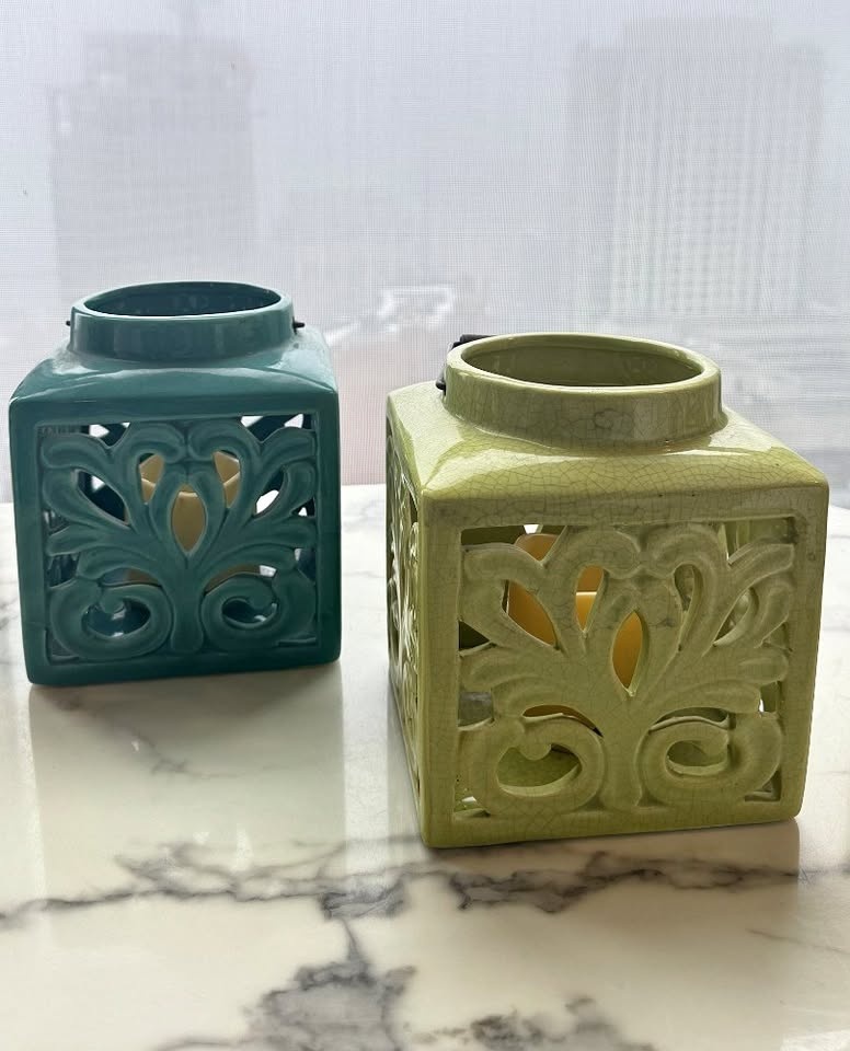 Ceramic Lantern Candle Holders – Green & Blue – Patio / Outdoor