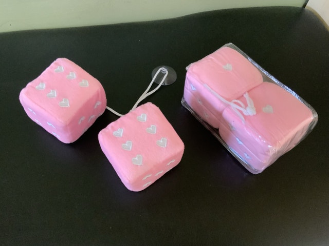 Brand NEW Fuzzy Dice with White Hearts $10 a pair