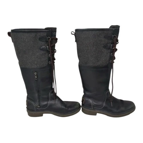 UGG Black Leather Tall Elsa Boots Lace Zip Casual Dress Sz 8 - photo 2