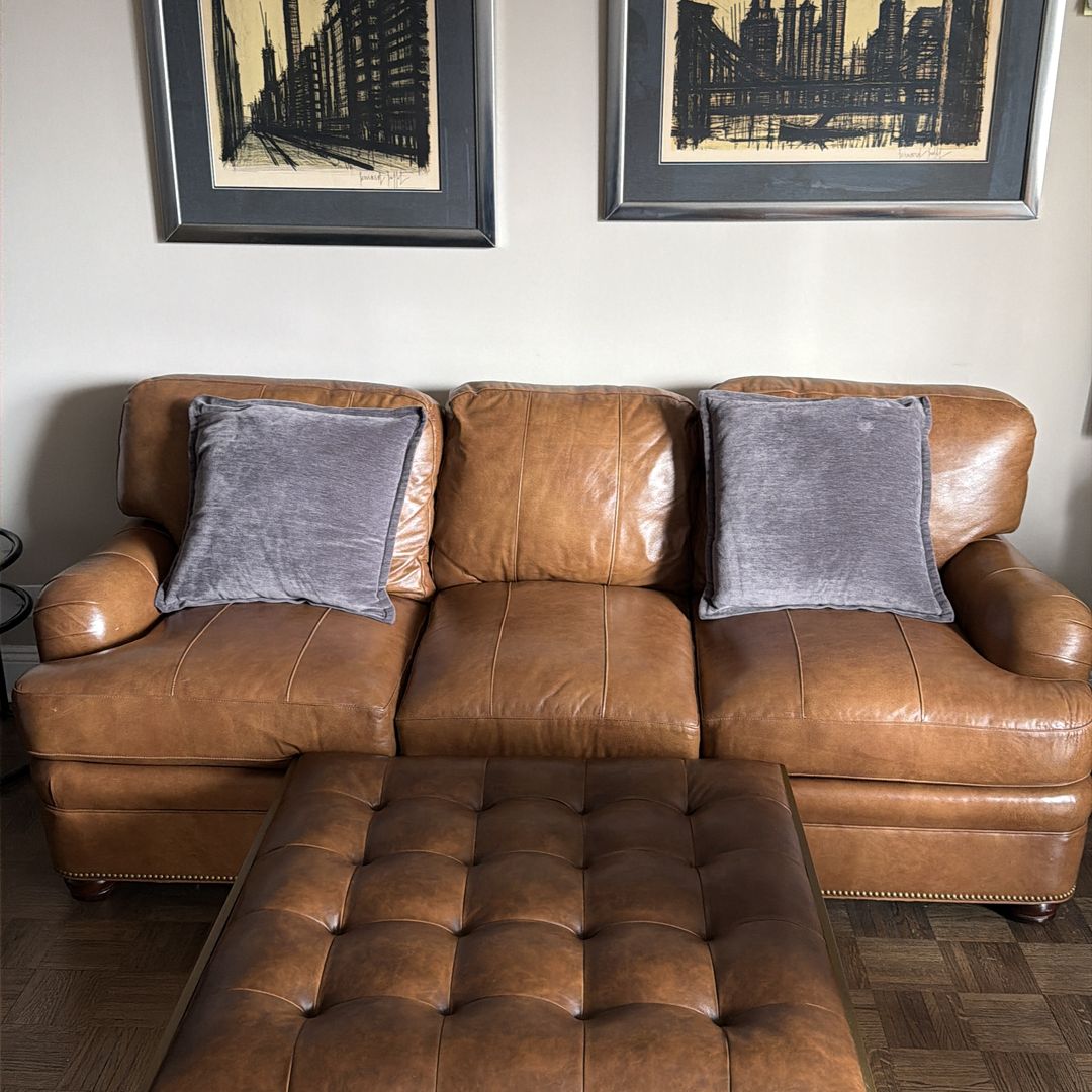 Camel Leather Couch Set + Tufted Ottoman (Modern / Excellent Con