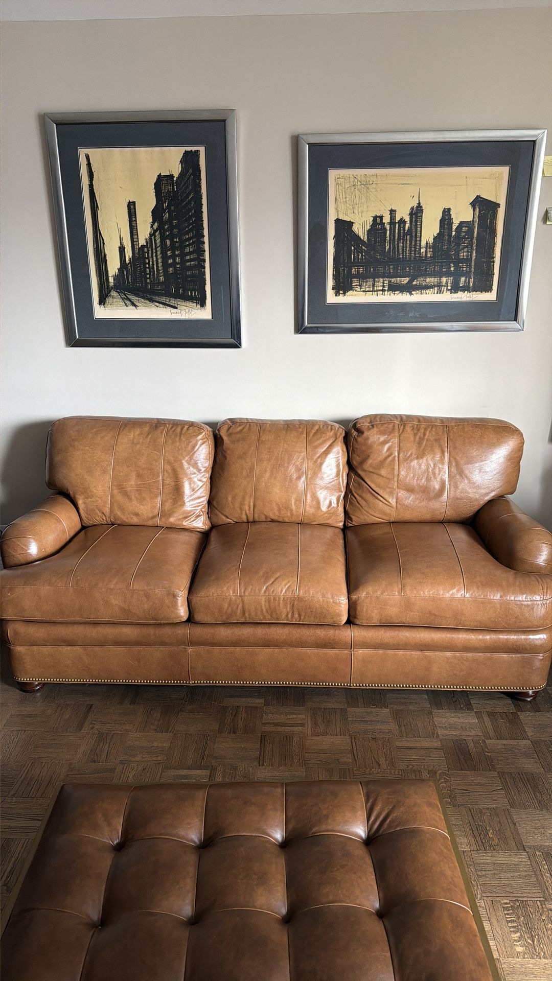 Camel Leather Couch Set + Tufted Ottoman (Modern / Excellent Con - photo 3