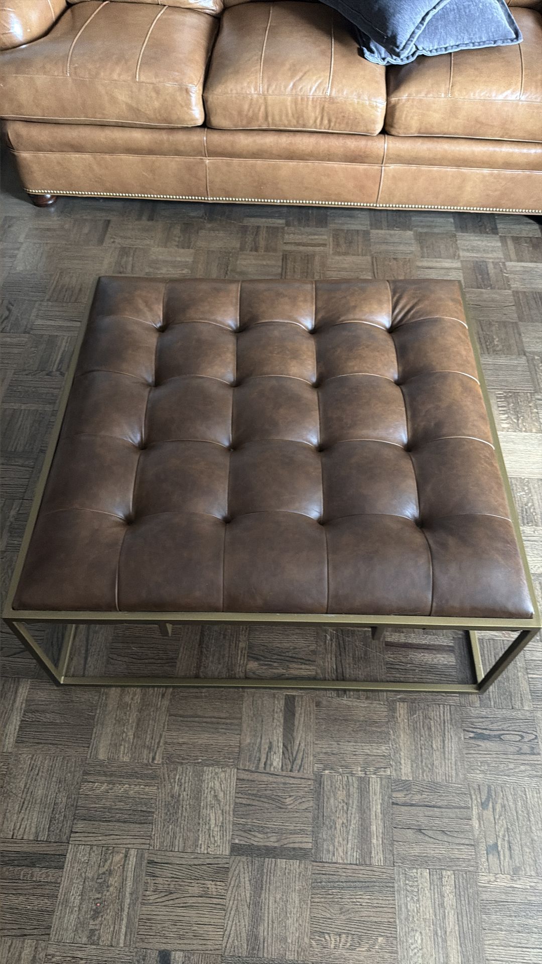 Camel Leather Couch Set + Tufted Ottoman (Modern / Excellent Con - photo 4