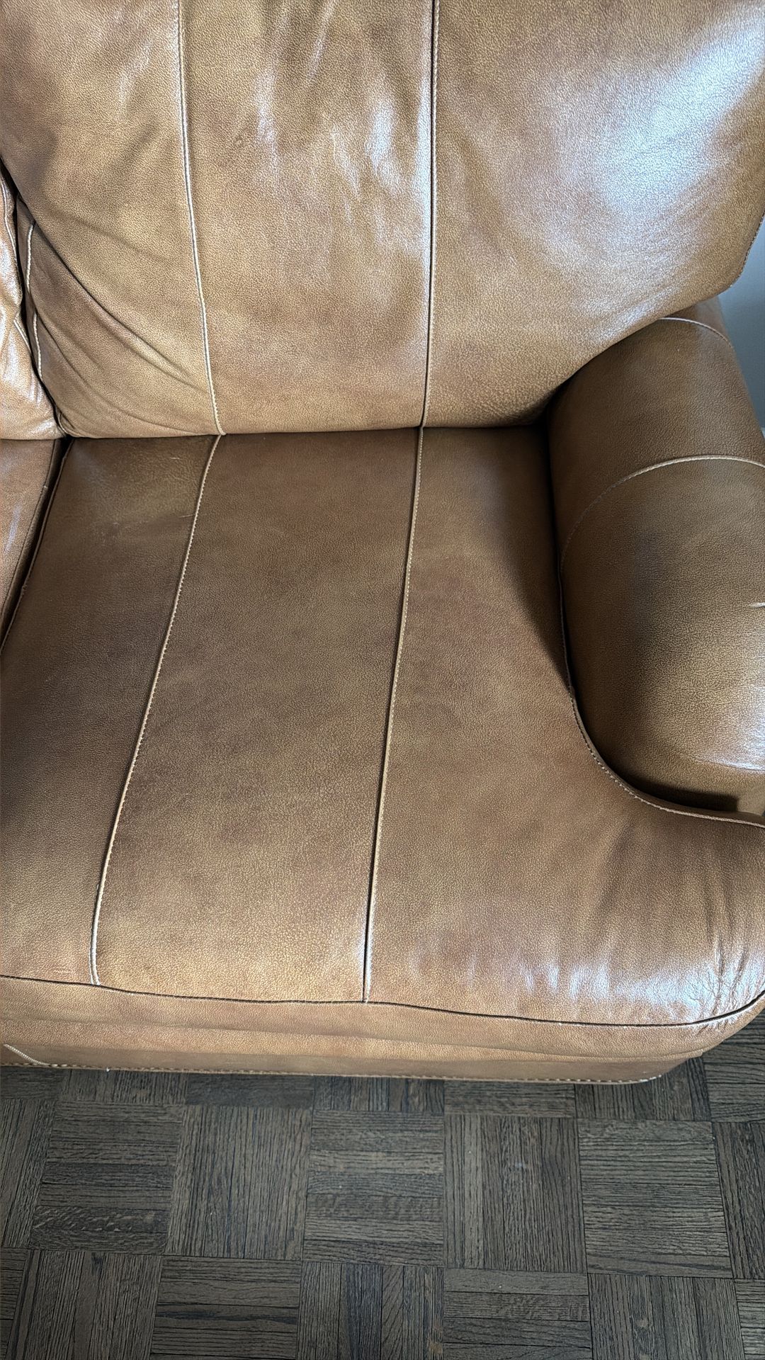 Camel Leather Couch Set + Tufted Ottoman (Modern / Excellent Con - photo 5