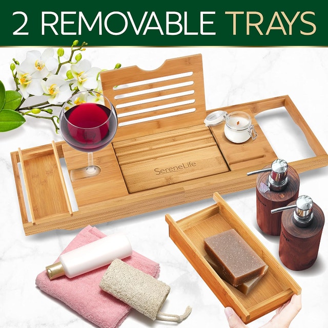 SereneLife Bath Caddy Tray Combo - Natural Bamboo