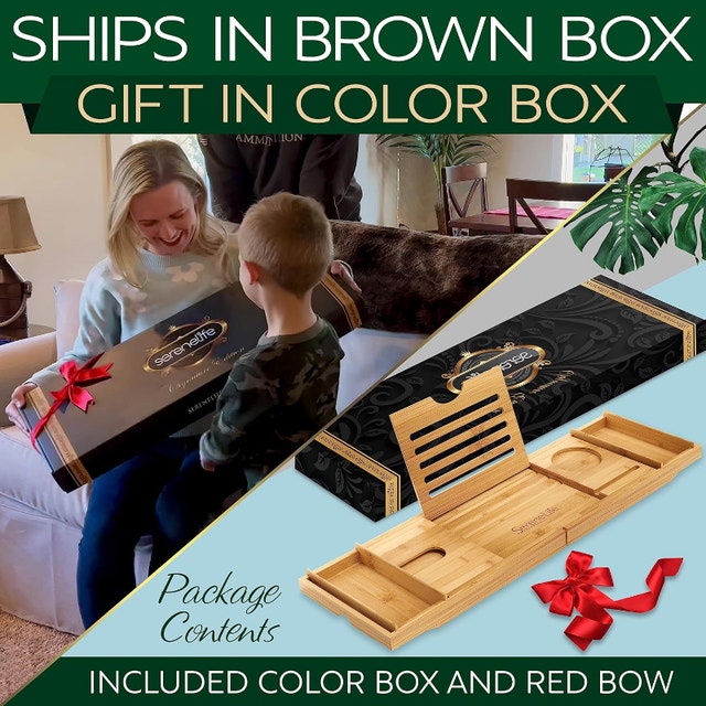 SereneLife Bath Caddy Tray Combo - Natural Bamboo - photo 2