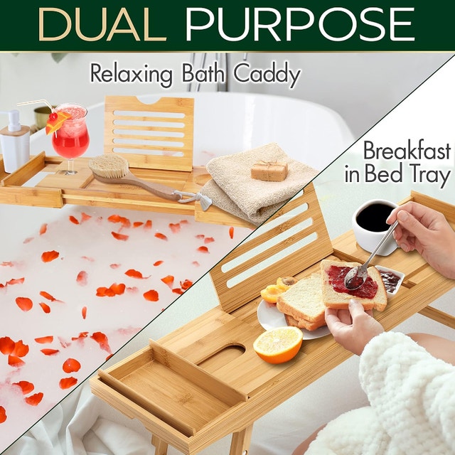 SereneLife Bath Caddy Tray Combo - Natural Bamboo - photo 3