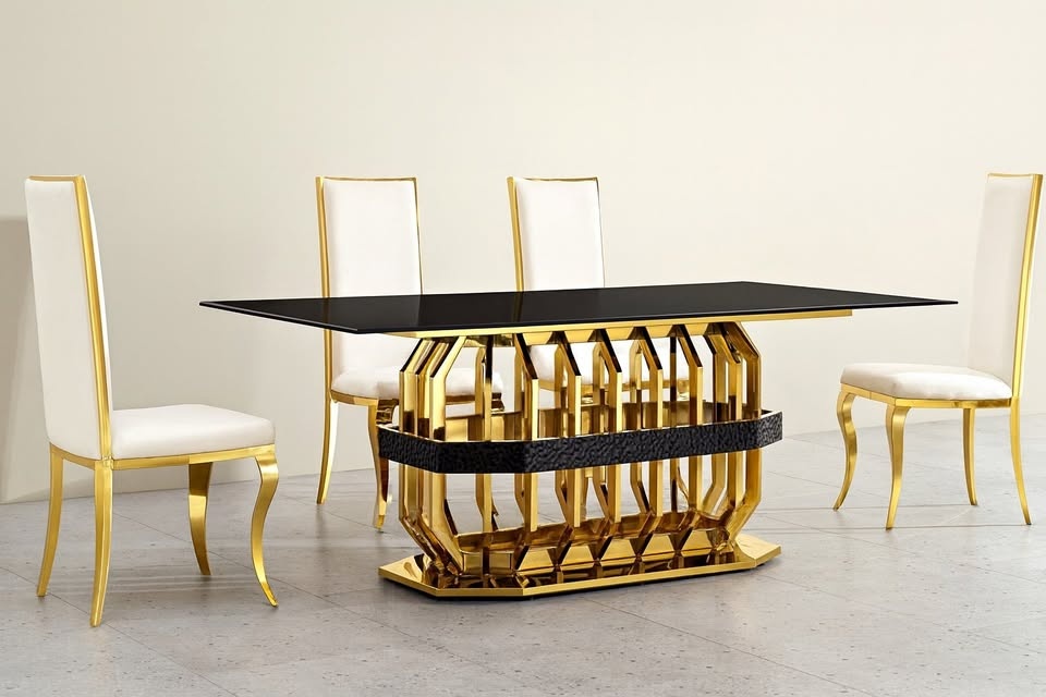 Luxury Black Glass Dining Table Set – 6 Seater