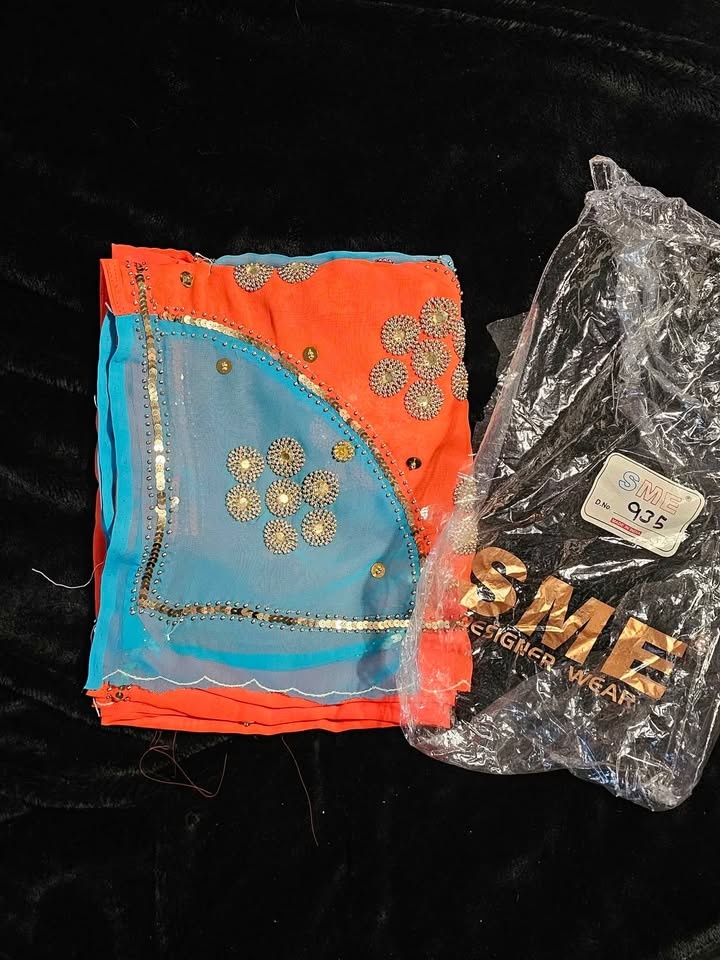 Blue & Redish Orange Saree Fabric