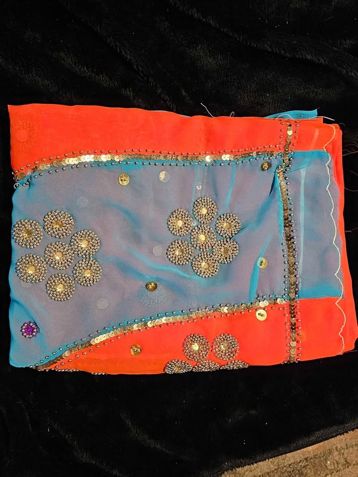 Blue & Redish Orange Saree Fabric - photo 3