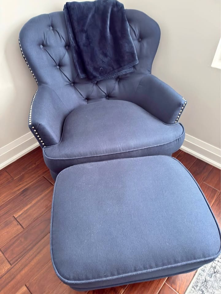 Navy Blue Upholstered Armchair with Matching Ottoman