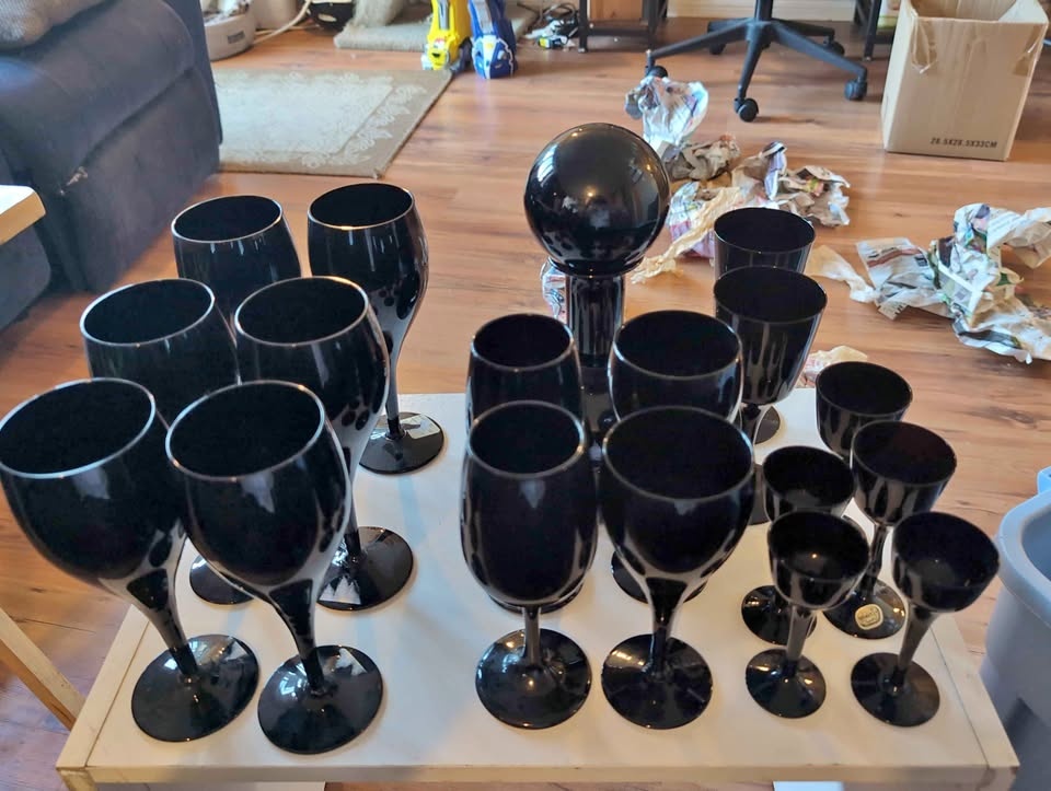 Vintage Bohemia Crystal Black Stemware Set with Decanter